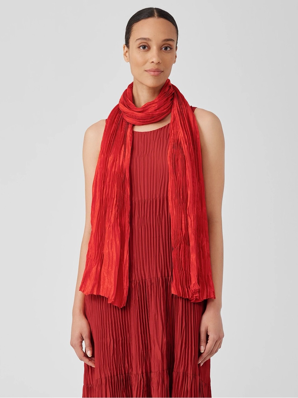 EILEEN FISHER NWT $128 Whisper Silk Scarf in Flame • Lightweight Pleated Wrap
